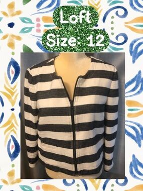 LOFT Black and White Striped Zip Front Blazer Jacket